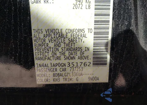 2016 Nissan Altima 2.5/2.5 S/2.5 Sl/2.5 Sr/2.5 Sv z USA, uszkodzony, nr VIN 1N4AL3AP0GN351762